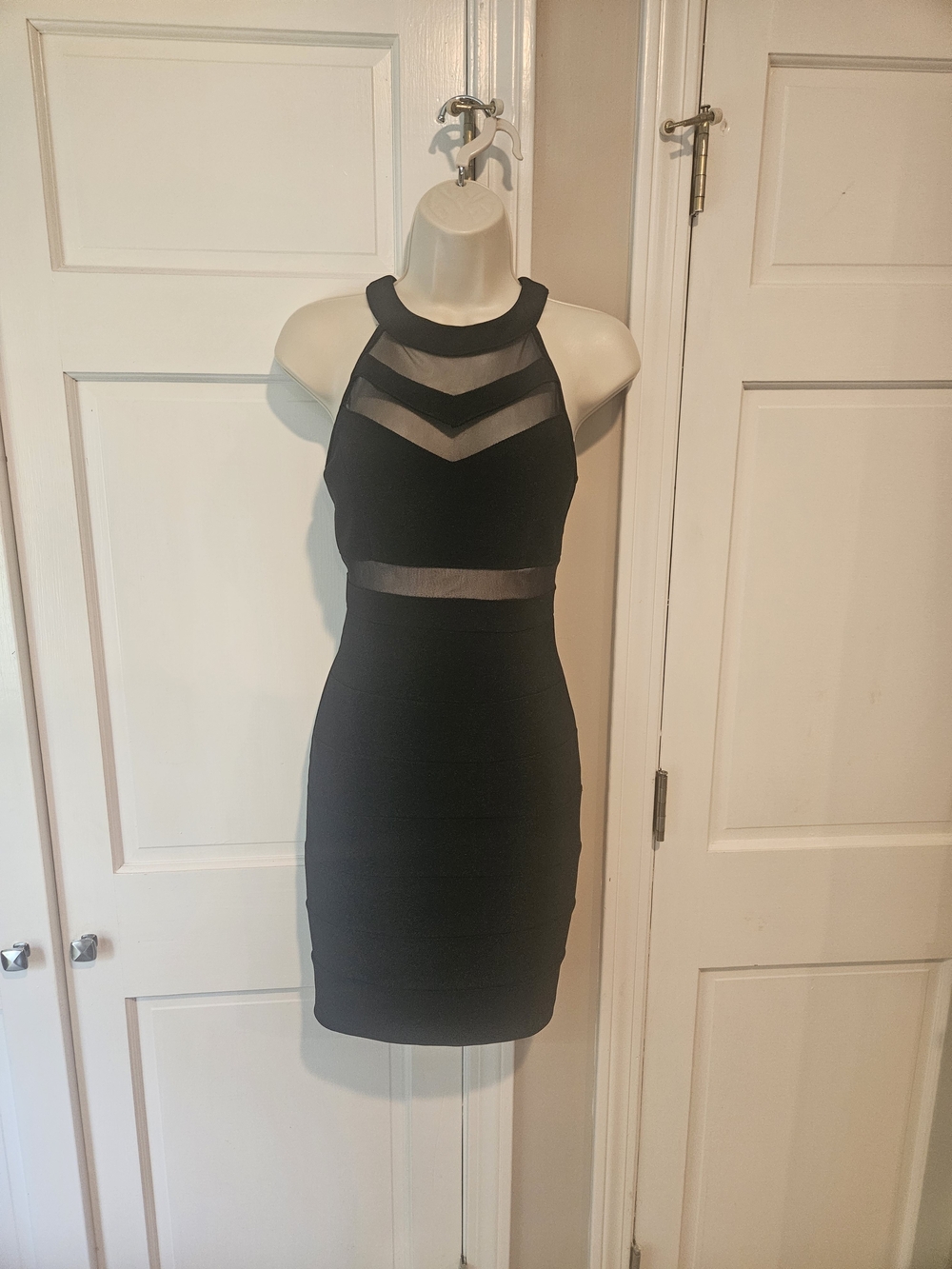 Emerald Sundae Black Halter Sheer-Panel Mini Dress